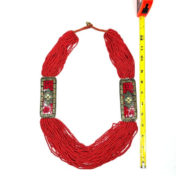 Multistrand Statement Necklace Orange Seed Bead Gold Tone Metal Plates Tribal - Picture 7 of 7